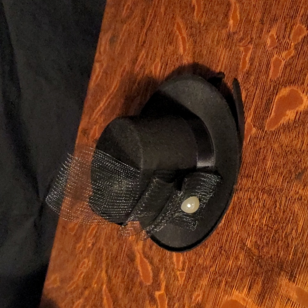 Curtain Call Costumes Black Mini Bowler Hat Headband Tulle Pearl Feather Accents